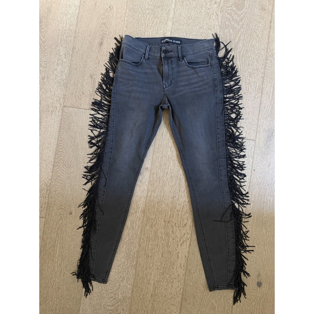 Women’s Express Mid Rise Black Fringe Jeans Dark Wash Cowgirl Denim Size 4R